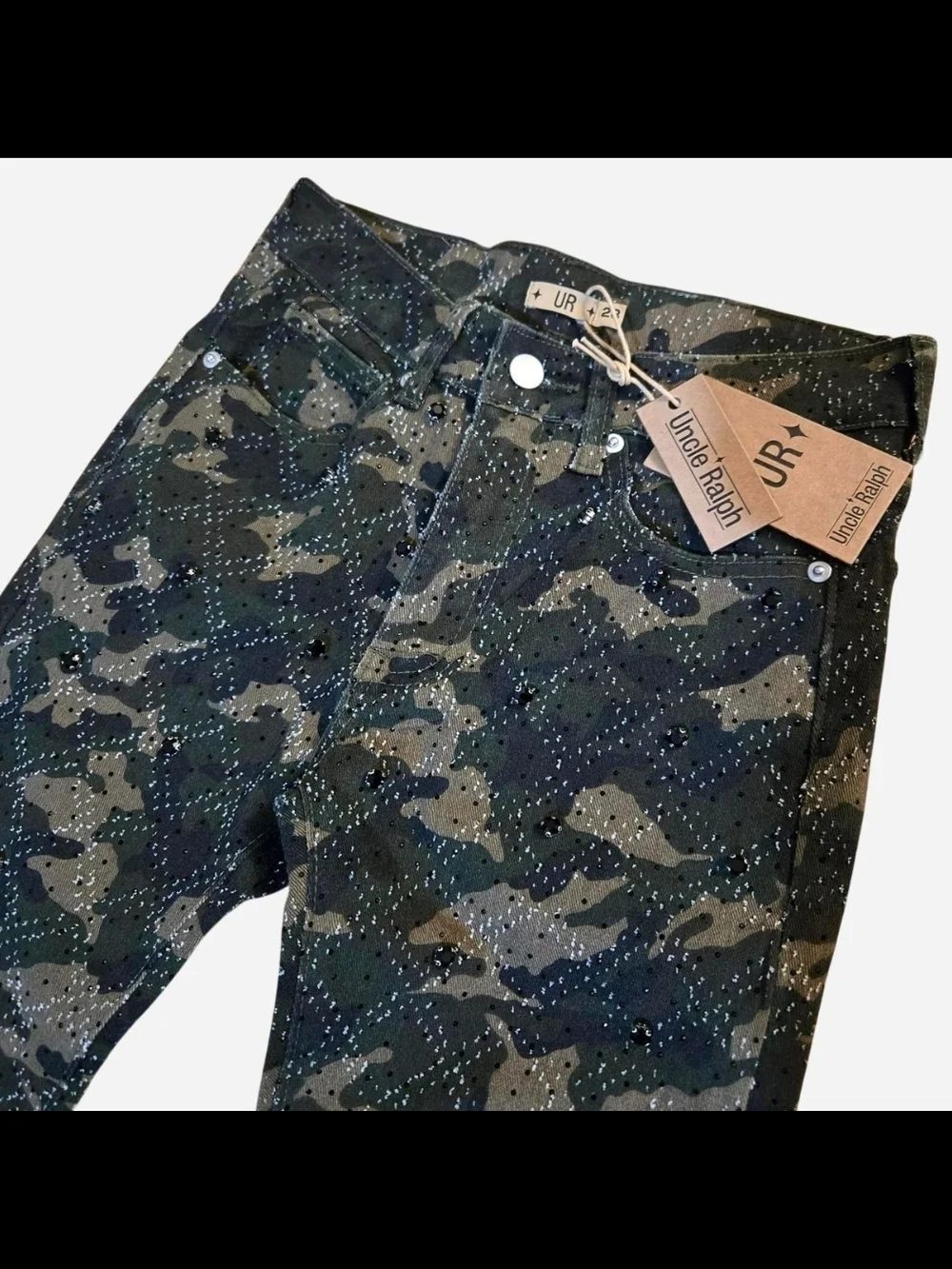 Embellish Rhinestone Camo Straight Flare Jeans - Green Camo - Picture 3 of 8